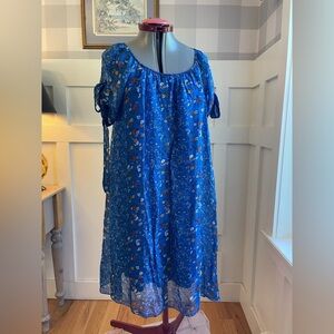 Italian Silk Blend Floral Blue Dress with Tie Sleeves Size Large
